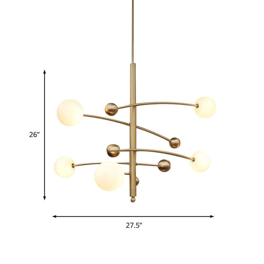 Modern Gold Bedroom Chandelier With Milk Glass Shades - 5 Bulb Suspended Lighting Fixture