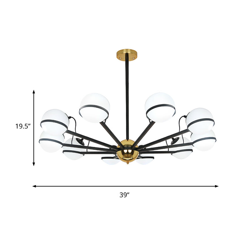 Modernist Round Hanging Chandelier - Frosted White Glass 6/8/10 Bulbs Black Pendant Light Fixture