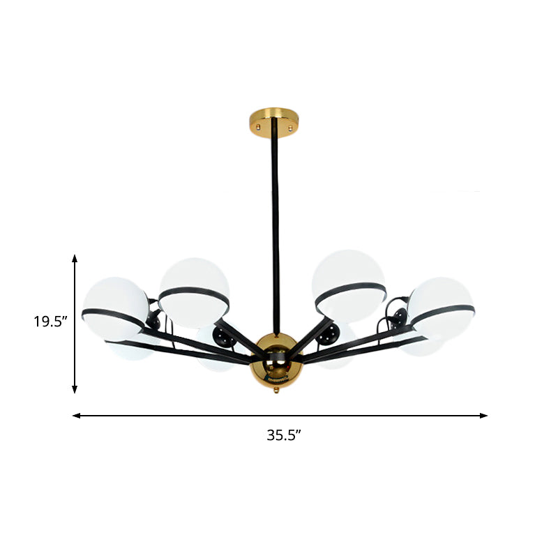 Modernist Round Hanging Chandelier - Frosted White Glass 6/8/10 Bulbs Black Pendant Light Fixture