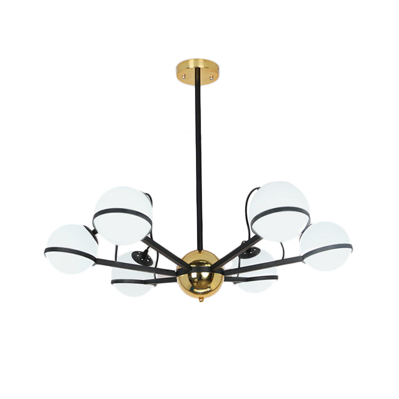 Modernist Round Hanging Chandelier - Frosted White Glass 6/8/10 Bulbs Pendant Light In Black