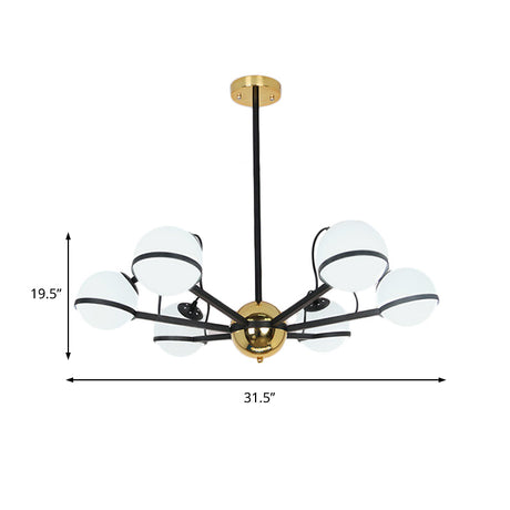 Modernist Round Hanging Chandelier - Frosted White Glass 6/8/10 Bulbs Pendant Light In Black
