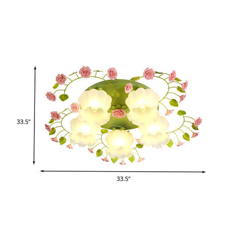 Traditional Green Glass Rose Ceiling Lighting: 5-Head Bedroom Flush Mount Fixture