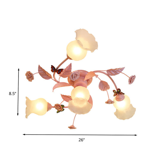 Semi Flush Mount Spiral Ceiling Light Fixture With 4/7 Bulbs Traditional Pink Satin Opal Glass