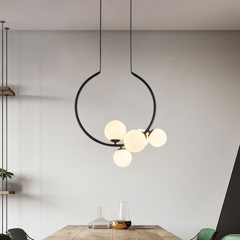 Contemporary 5-Bulb Chandelier - White/Black Orb Ceiling Lamp With Milky Glass Shade