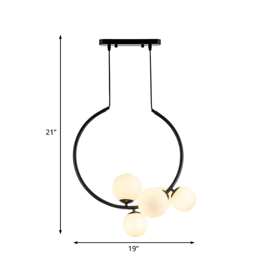 5-Bulb Orb Chandelier With Milky Glass Shade: Modern Ceiling Light In White/Black