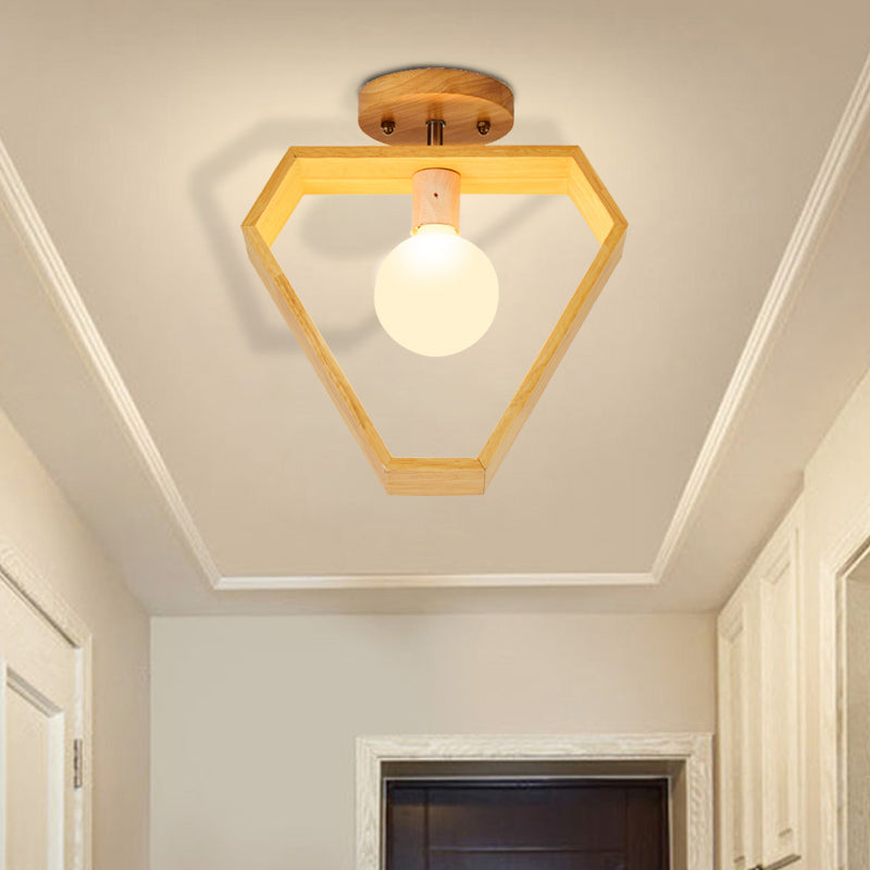Modern Wood Semi Flush Mount Light - Triangle/Square/Pentagon Shape With White Glass 1 Head Ceiling