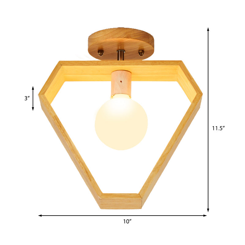 Modern Wood Semi Flush Mount Light - Triangle/Square/Pentagon Shape With White Glass 1 Head Ceiling
