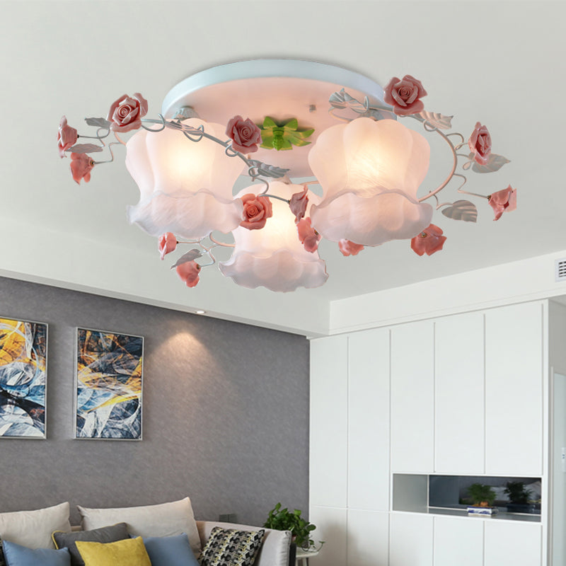 Rose Countryside Pink Ceiling Mount Flush Light Fixture With Mouth Blown Opal Glass For Bedroom -