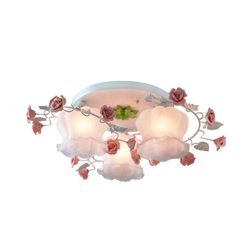 Rose Countryside Pink Ceiling Mount Flush Light Fixture With Mouth Blown Opal Glass For Bedroom -