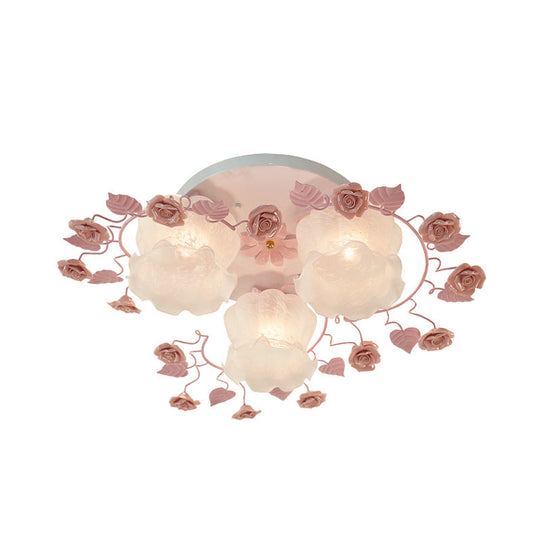 Traditional Floral Glass Ceiling Fixture With Flush Mount For Living Room 3/5 Bulbs In Pink/Green