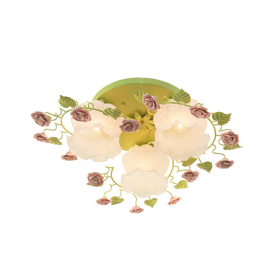 Traditional Floral Glass Ceiling Fixture With Flush Mount For Living Room 3/5 Bulbs In Pink/Green