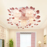 Traditional Floral Glass Ceiling Fixture With Flush Mount For Living Room 3/5 Bulbs In Pink/Green