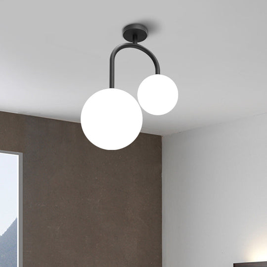 Modernist Milk Glass Ceiling Light Fixture - Semi Flush Mount With 2 Spherical Heads In Elegant