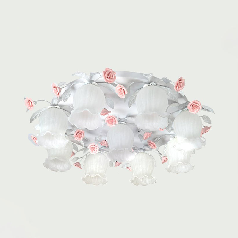 9 - Head White Glass Rose Ceiling Light - Countryside Flush Mount For Living Room