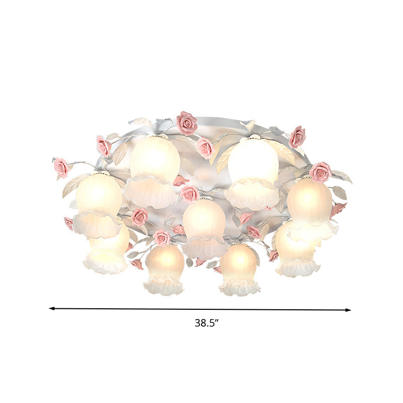 9 - Head White Glass Rose Ceiling Light - Countryside Flush Mount For Living Room