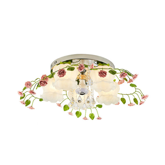 Bloom Crystal Flush Mount Ceiling Light With 5 Bulbs And White Glass Shade For Living Room