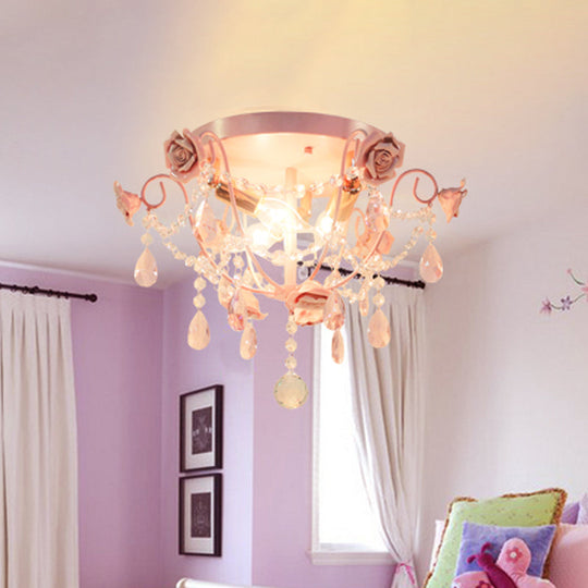 Pastoral Pink Crystal Flush Mount Ceiling Light With Exposed Bulbs - 3 Heads