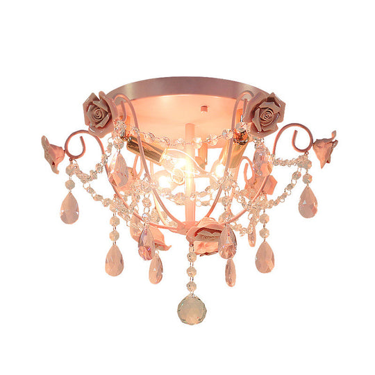 Pastoral Pink Crystal Flush Mount Ceiling Light With Exposed Bulbs - 3 Heads