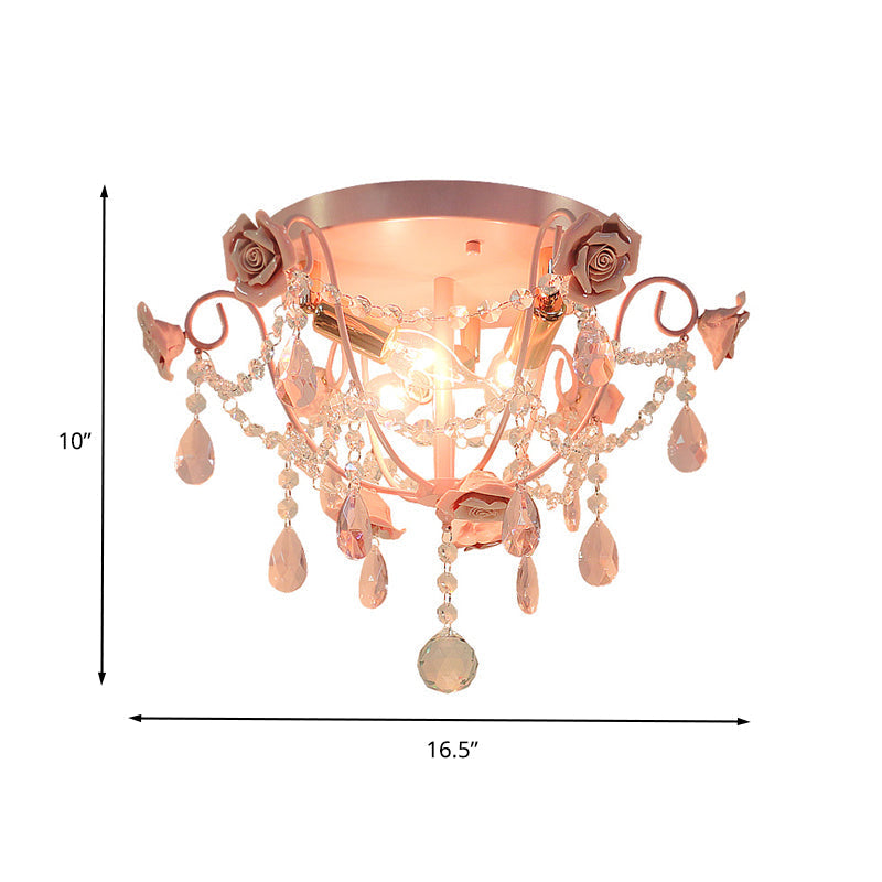 Pastoral Pink Crystal Flush Mount Ceiling Light With Exposed Bulbs - 3 Heads