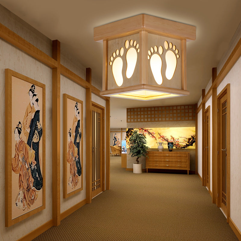 Nordic Wood Square Close To Ceiling Light - 10 W Flush Mount Fixture With Footprints For Dining Room