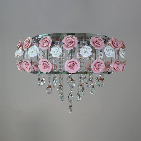 Traditional Pink Crystal Ceiling Mounted Drum Fixture - 6/8 Bulbs Flush Mount Lamp For Living Room