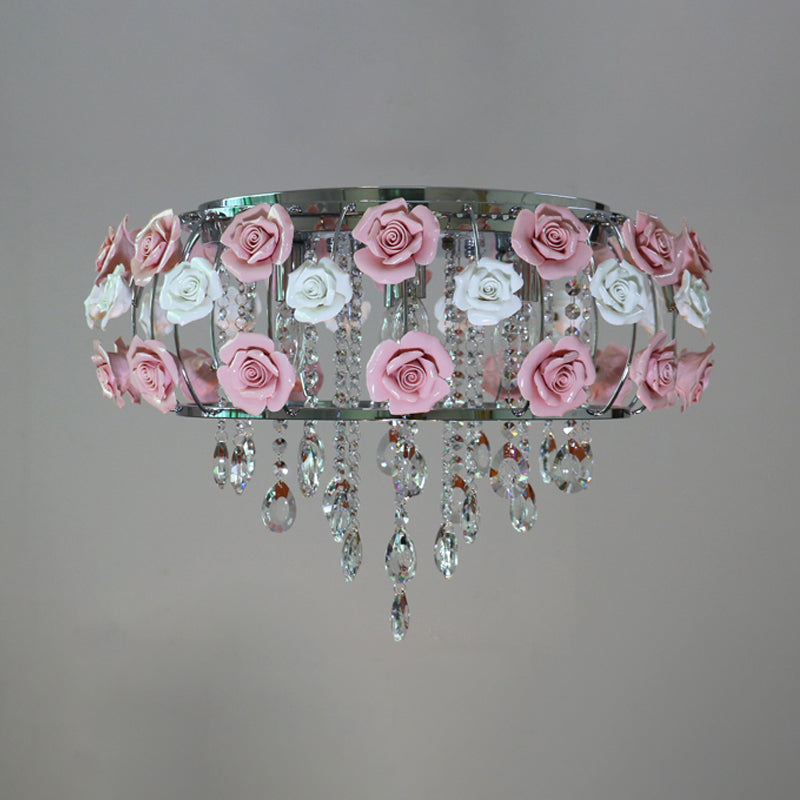 Traditional Pink Crystal Ceiling Mounted Drum Fixture - 6/8 Bulbs Flush Mount Lamp For Living Room 6