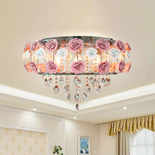 Traditional Pink Crystal Ceiling Mounted Drum Fixture - 6/8 Bulbs Flush Mount Lamp For Living Room
