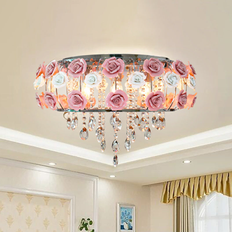 Traditional Pink Crystal Ceiling Mounted Drum Fixture - 6/8 Bulbs Flush Mount Lamp For Living Room 8