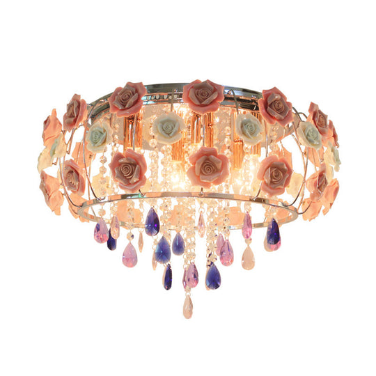 Traditional Crystal Flush Mount Light With Pink Drum Shade - 6/8 Bulbs Bedroom Close To Ceiling Lamp
