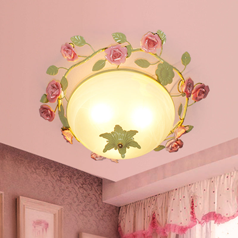 Green 3-Light Flush Mount Bowl Ceiling Light For Living Room - Country Style (19/23 Width)