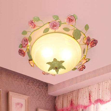 Green 3-Light Flush Mount Bowl Ceiling Light For Living Room - Country Style (19/23 Width)
