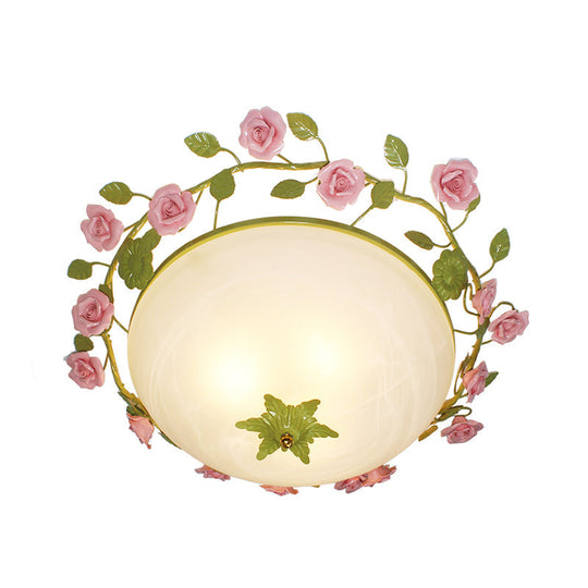 Green 3-Light Flush Mount Bowl Ceiling Light For Living Room - Country Style (19/23 Width)