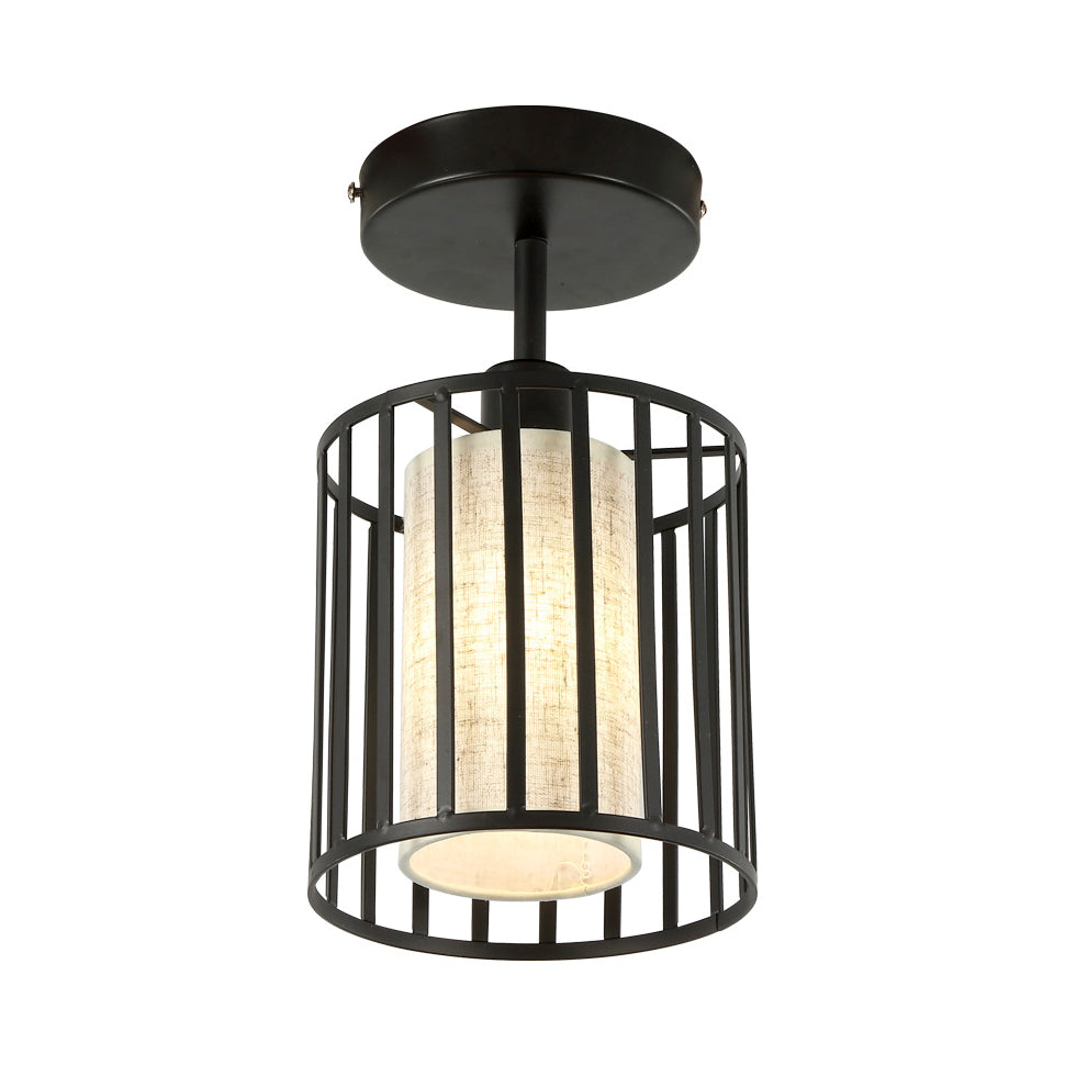 Black Metal Cage Ceiling Flush Mount Lamp With Conical/Cylindrical Shade - Simple Semi - Flushmount