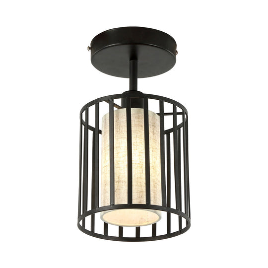 Black Metal Cage Ceiling Flush Mount Lamp With Conical/Cylindrical Shade - Simple Semi-Flushmount