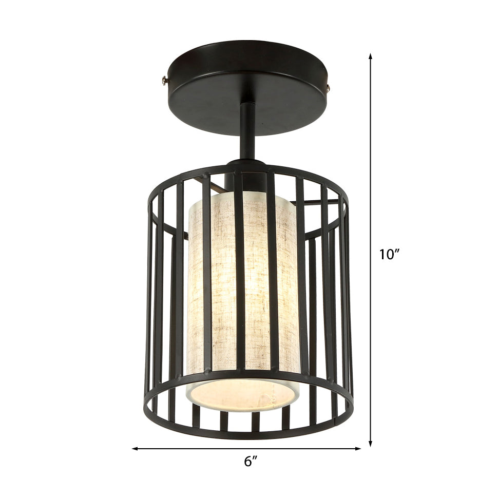 Black Metal Cage Ceiling Flush Mount Lamp With Conical/Cylindrical Shade - Simple Semi-Flushmount