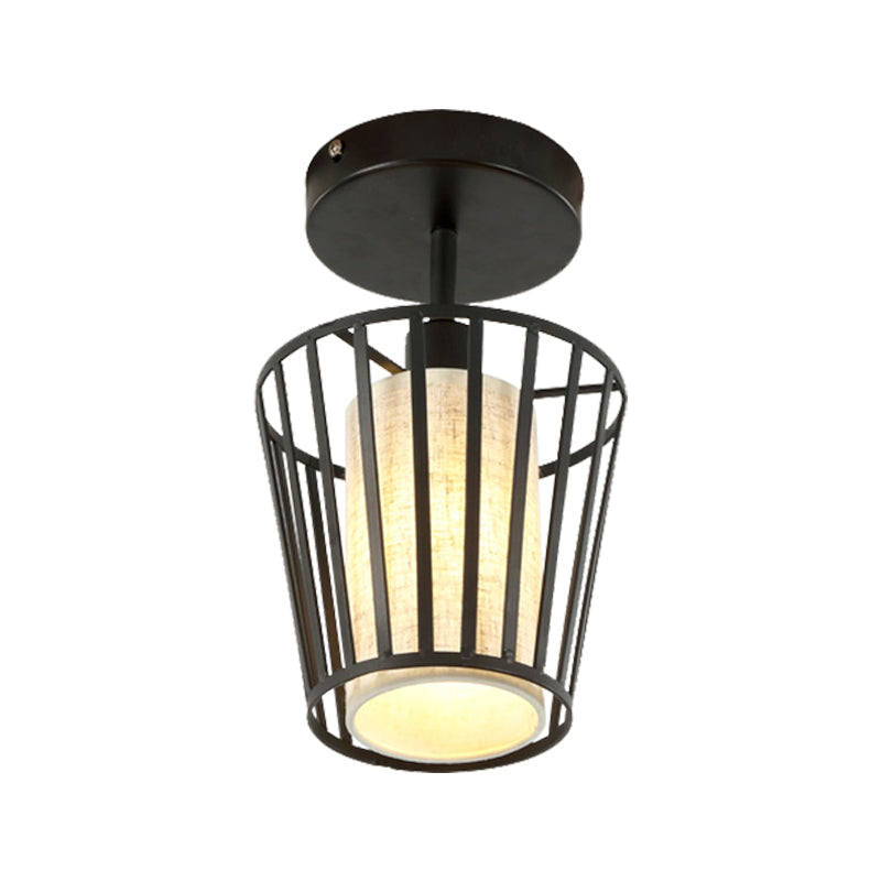 Black Metal Cage Ceiling Flush Mount Lamp With Conical/Cylindrical Shade - Simple Semi - Flushmount