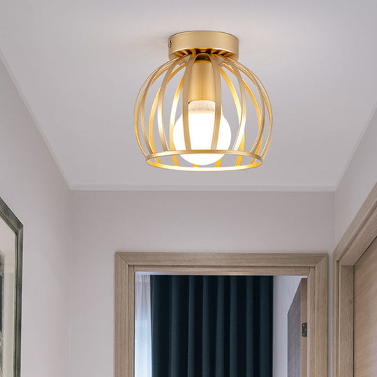 Minimalist Black/Gold Metal Cage Flushmount Light For Corridor Ceiling Mounted Gold