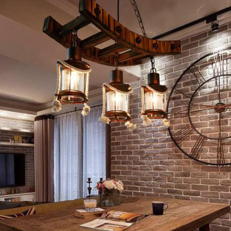 Dark Brown Glass Chandelier Light Lantern - 3 Lights Warehouse Ceiling Fixture For Kitchen