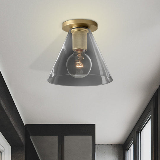 Modern Glass Flush Pendant Ceiling Light In Brass For Balcony - Globe Cone Cylinder Trumpet Shapes /
