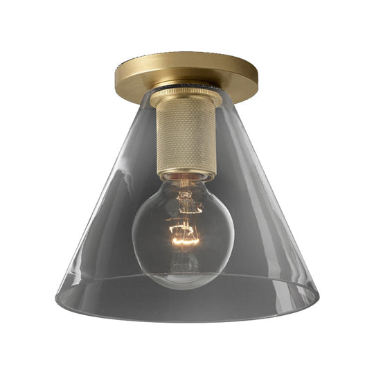 Modern Glass Flush Pendant Ceiling Light In Brass For Balcony - Globe Cone Cylinder Trumpet Shapes