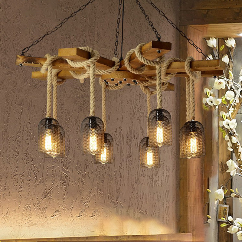 Rustic Caged Dining Room Chandelier Pendant With Retro Metallic Finish - 3/6/8 Lights & Wooden