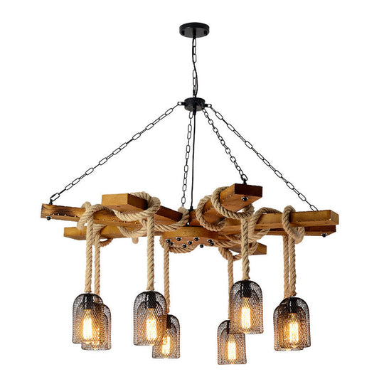 Rustic Caged Dining Room Chandelier Pendant With Retro Metallic Finish - 3/6/8 Lights & Wooden