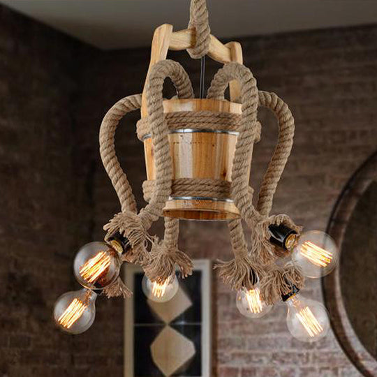 Rustic Wood Chandelier – 6-Light Farmhouse Rope Ceiling Fixture For Dining Room