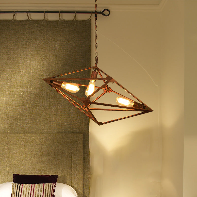 Vintage Metallic Dining Room Chandelier - Rust Ceiling Pendant Light With Bare Bulb 2/3 Lights
