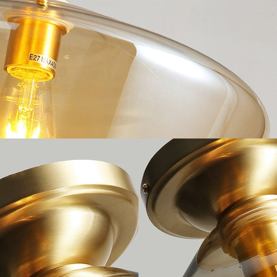 Contemporary Brass Flush Ceiling Fixture With Amber Glass Lampshade