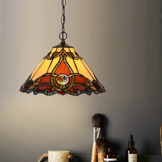 Tiffany Bronze Kitchen Pendant Lamp With Red Stained Glass Shade