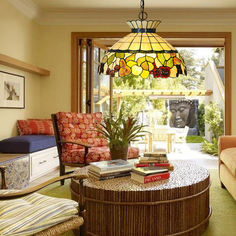 Black Baroque Chandelier with Yellow Stained Glass Shade - 3-Light Pendant Lighting Yellow