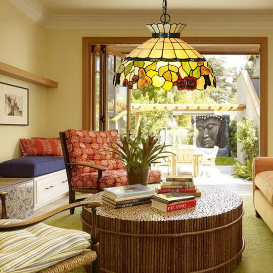 Black Baroque Chandelier with Yellow Stained Glass Shade - 3-Light Pendant Lighting Yellow