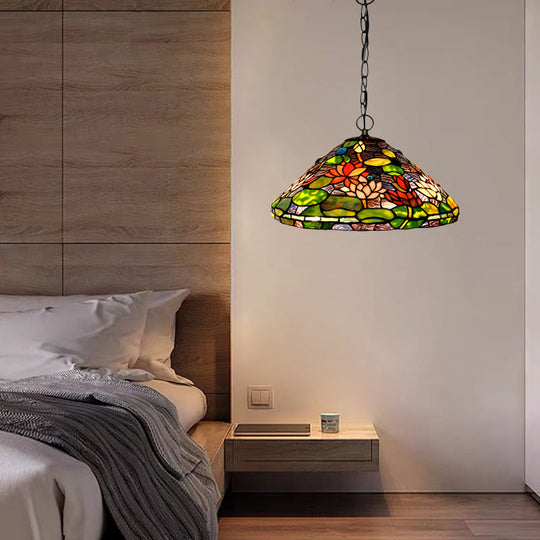 Victorian Stained Glass Chandelier - Green Blossom Pendant with 2 Lights Green