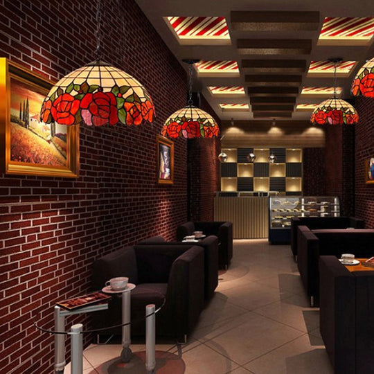 Tiffany Bronze Kitchen Chandelier With Red Cut Glass Shade - 2-Light Hanging Lamp Fixture